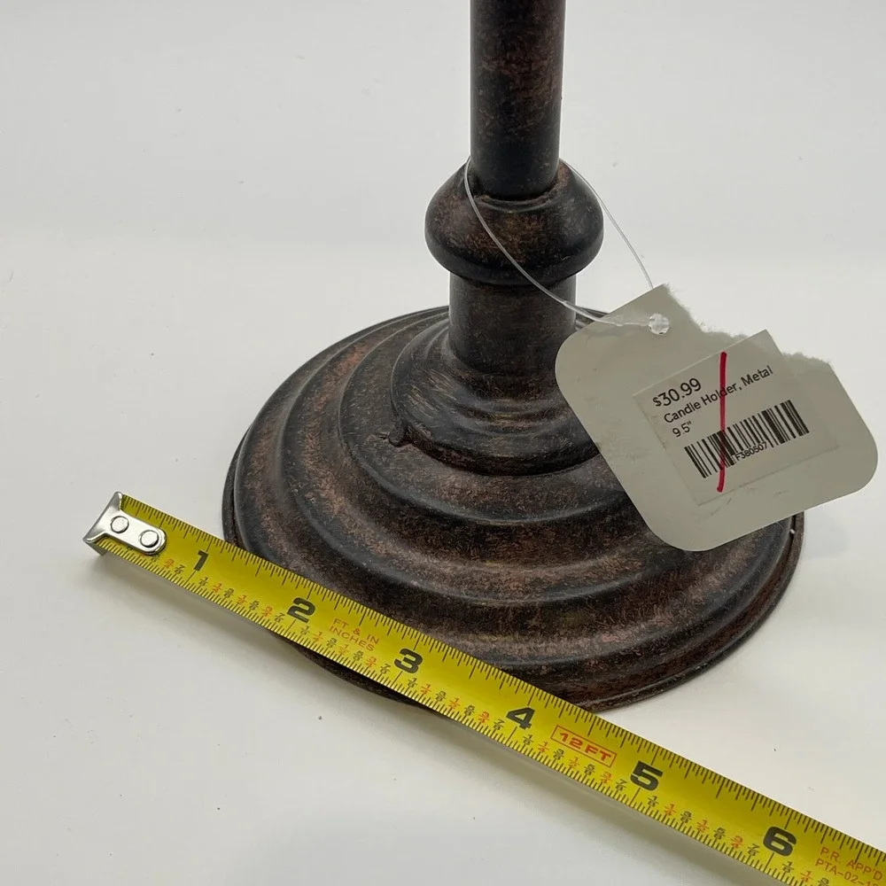 Rustic Bronze Metal Pillar Candle Holder 9.5 Inch Antiqued Tiered Base Stand